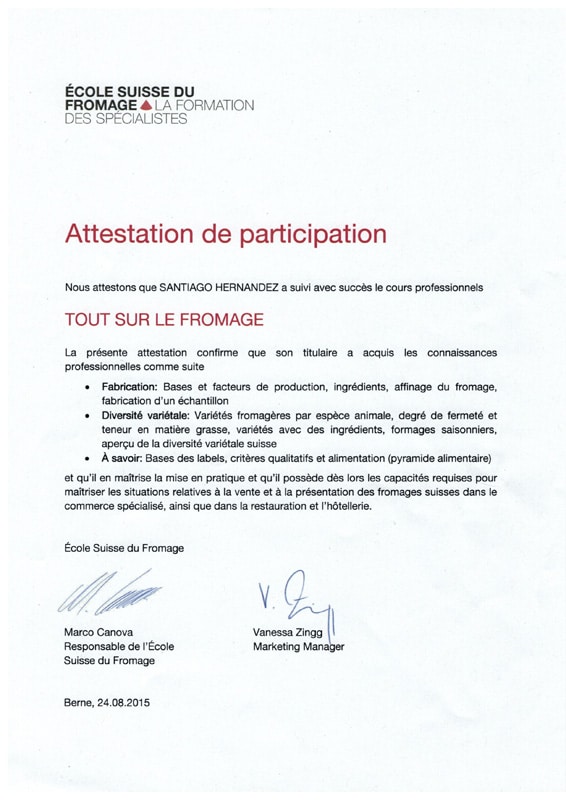 Attestation Ecole du Fromage